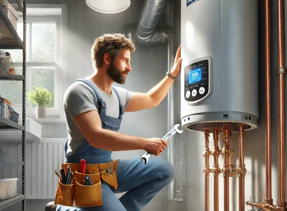 فني يعمل في تصليح السخان 